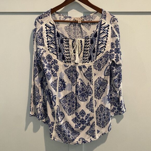 Lucky Brand Tunic Small Blue‎ Festival Western Boho Prairie Embroidered Lace - Picture 3 of 12